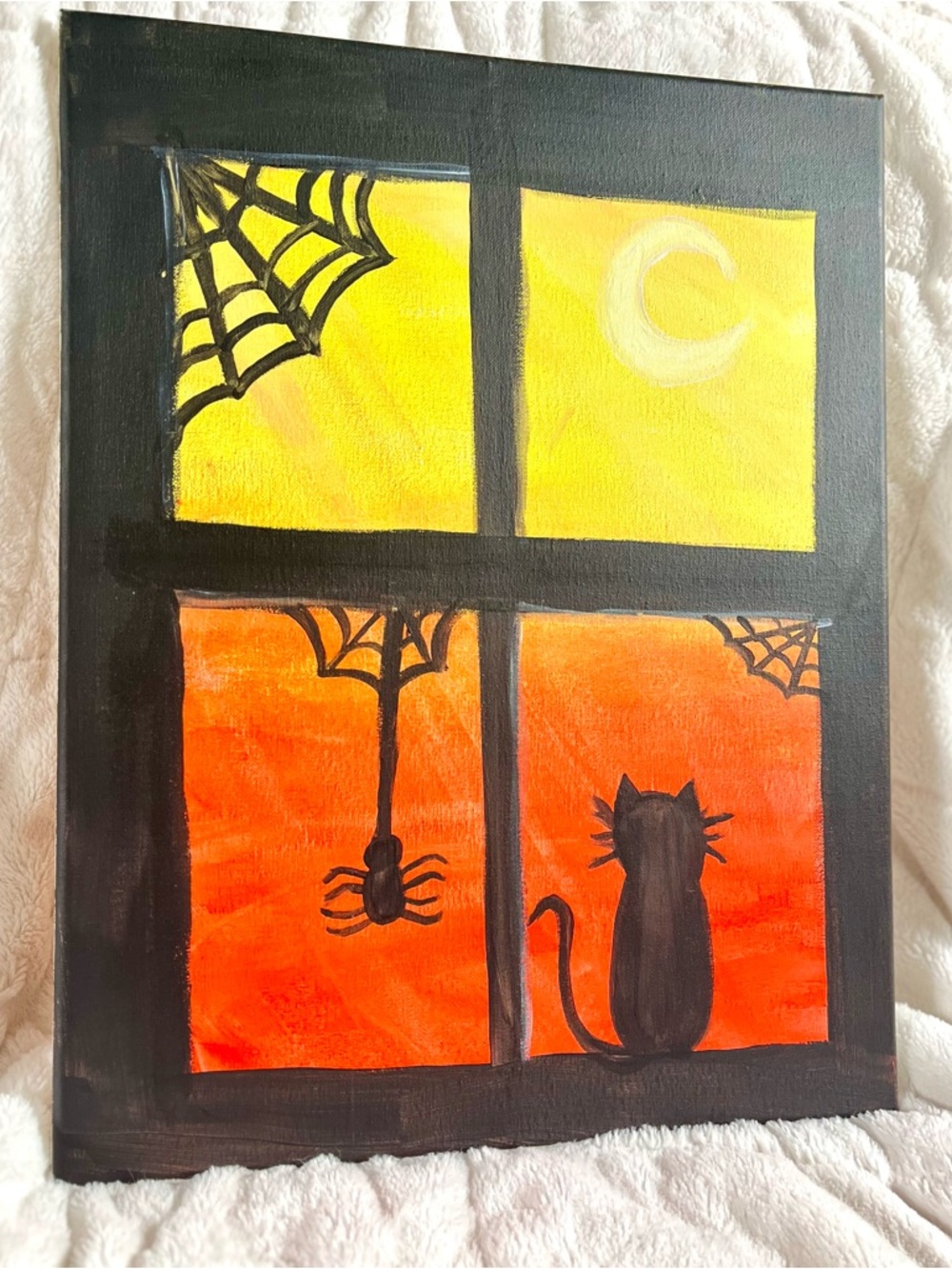 Hand-Painted (by me) Halloween Window Cat Canvas Art - Black, Orange, Yellow - Picture 1 of 2